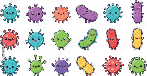 cartoon microbes grid, colorful germ characters, hygiene education, health awareness, bacteria illustration, virus clipart, medical design elements