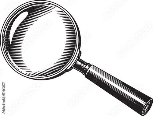 Black and white sketch illustration of magnifying glass with wooden handle in vintage engraving style using cross hatching and stippling techniques