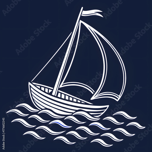 Chalk sketch of a sailboat on wavy water