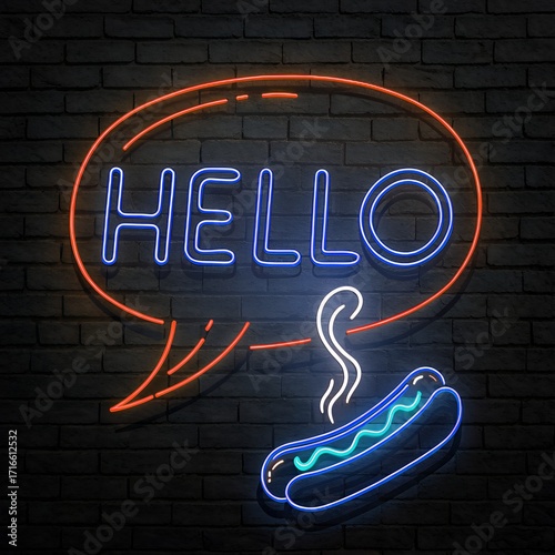 Neon hello sign with a steaming hot dog on a brick wall