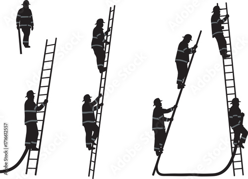 Silhouette construction workers on ladders, safety helmet, rope handling, teamwork illustration, industrial labor, building maintenance, engineering work, occupational safety, skilled workforce