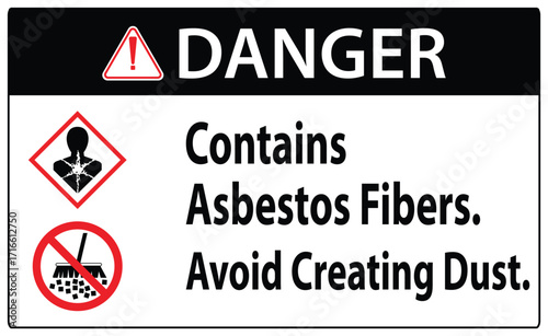 Asbestos chemical hazard sign and labels contains asbestos fibers. Avoid creating dust sign, logo, icon, sticker, label, stamp, symbol, black, line, flat vector, isolated illustration.