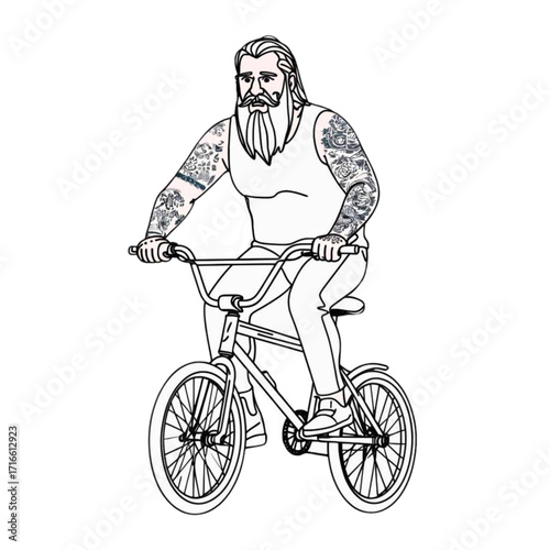 Tattooed man riding a bicycle in a minimalist line art style