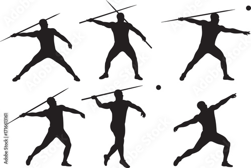 Silhouette javelin throw athletes, sportsmen training with spear, track and field competition, athletics performance, throwing action poses, fitness, strength, outdoor sport illustration