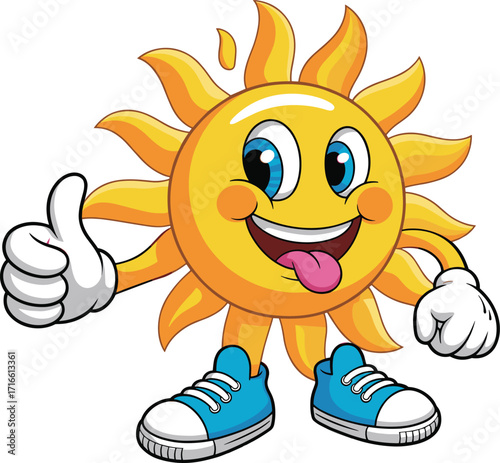 Playful cartoon mascot of a happy sun with sneakers giving a thumbs-up, a cheerful and positive character for summer, children's content, and logos.
