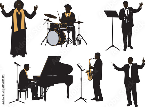 Silhouette jazz band musicians performing, gospel singer, pianist, drummer, saxophonist, conductor, live concert illustration, music performance, entertainment, cultural celebration, orchestra