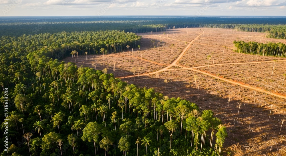 Fototapeta premium Aerial view of deforestation in amazon rainforest climate change effect