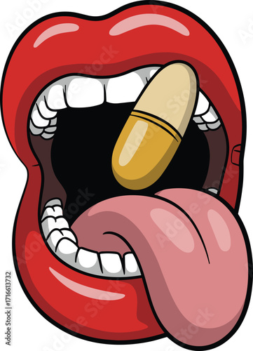Dynamic cartoon illustration of a mouth with a pill on the tongue, capturing themes of medicine, rock and roll, and pop art style.