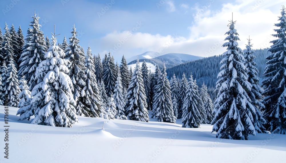 Fototapeta premium Snowy conifers blanketed in white snow, nestled against distant mountain peaks and under a vibrant blue sky with soft clouds