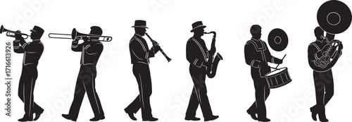 Silhouette jazz band musicians, playing trumpet, trombone, clarinet, saxophone, drums, tuba, street performance, music parade, festival, marching band