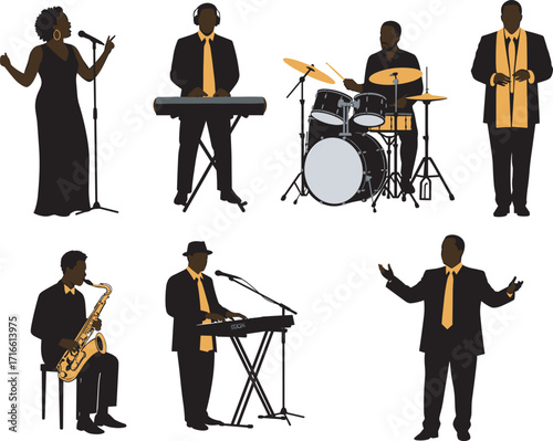 Silhouette jazz band musicians performing, gospel singer, pianist, drummer, saxophonist, conductor, live concert illustration, music performance, entertainment, cultural celebration, orchestra