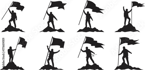 Silhouette mountain climber holding flag, victory achievement, success concept, leadership symbol, adventure hiking, conquering peak, motivation, triumph celebration, determination, challenge