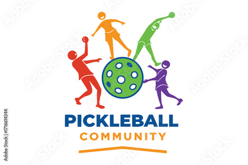 Vibrant pickleball community logo design shows active people playing together, perfect for sports clubs or recreational organizations