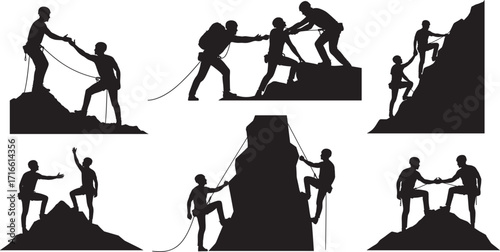 Silhouette mountain climbers teamwork, rock climbing, hiking adventure, helping each other, outdoor challenge, extreme sports, mountaineering success, rope safety, cooperation, determination