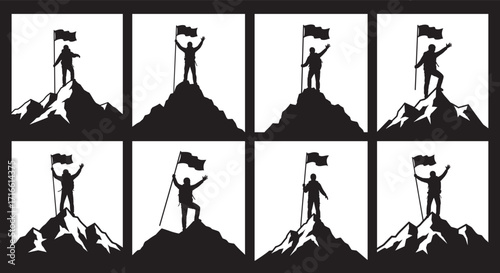Silhouette mountain climber holding flag, victory achievement, success concept, leadership symbol, adventure hiking, conquering peak, motivation, triumph celebration, determination, challenge