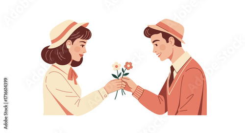A Couple in Retro Style Exchanging Flowers, Embracing Romance and Affection