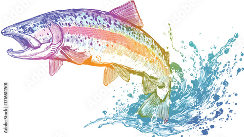 Energetic Rainbow Trout Leaping from Water Vector Illustration