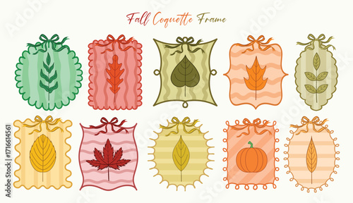 Hand drawn coquette frame with fall leaves, pumpkin, wavy lines, bow and ribbon. Cute elegant coquette for autumn decoration, greeting, wedding and prints