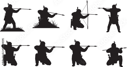 Silhouette warriors holding spears and bows, native hunters, traditional weapon, combat stance, battle preparation, tribal fighters, archery skill, survival strength, culture, heritage