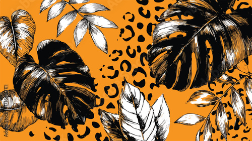 Exotic Tropical Card with Leaves and Leopard Print Design