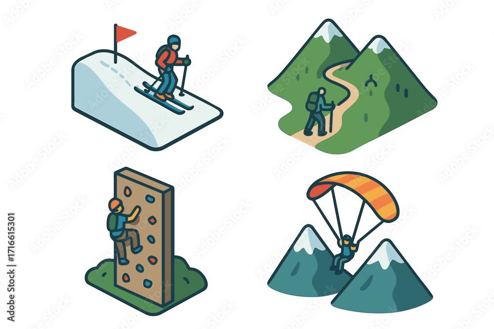 Fototapeta premium A set of 4 isometric 3D icons in flat design style related to extreme adventures and sports. A set for design, icons, or illustrations on the theme of “tourism and extreme sports.”
