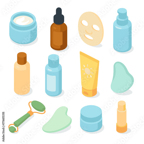 A set of 3D icons representing various cosmetics and tools. The icons are rendered in pastel colors on a white background.