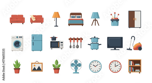 A colorful collection of flat design icons featuring various household furniture, appliances, and home decor items.