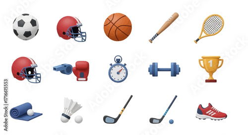 A diverse collection of realistic 3D sports equipment icons for various athletic activities.