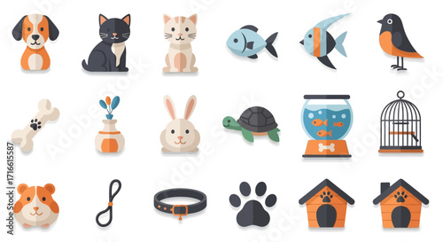Adorable cartoon pet animals and accessories set - dog, cat, fish, bird, rabbit, turtle, hamster, bone, collar, houses.