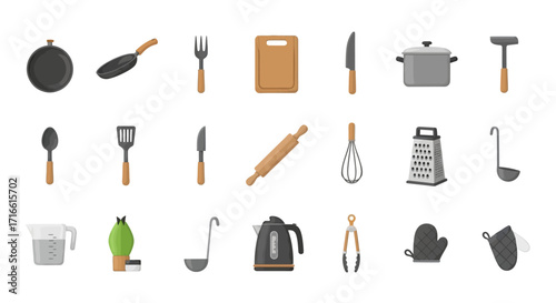 Assortment of Kitchen Utensils and Cookware in Flat Vector Style.