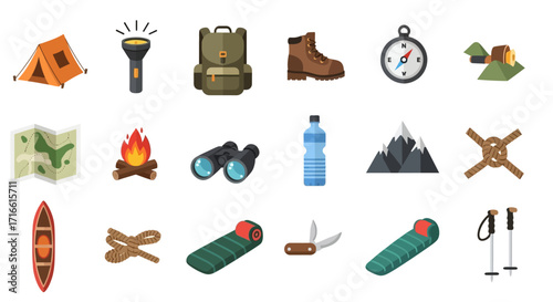 Assortment of Outdoor Camping and Hiking Gear Icons.