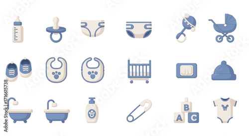Collection of Blue Baby Care Items and Toys for Newborns.