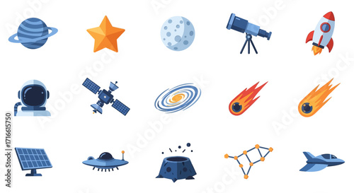 Collection of Cartoonish Space Objects and Celestial Bodies.