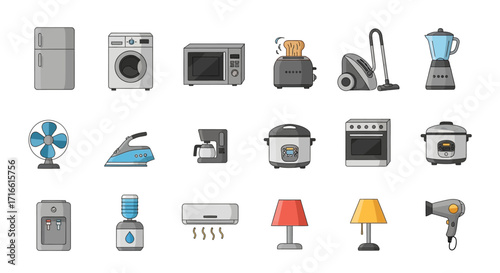 Collection of Colorful Cartoon Household Appliances.