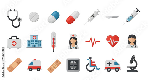 Collection of Colorful Medical Icons Depicting Healthcare and Medical Equipment.