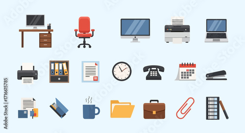 Collection of Colorful Flat-Style Office Icons - Desk, Chair, Computer, Printer, and More.