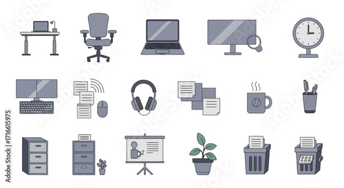 Collection of Gray Office Icons - Desk, Chair, Computer, Documents, and More.