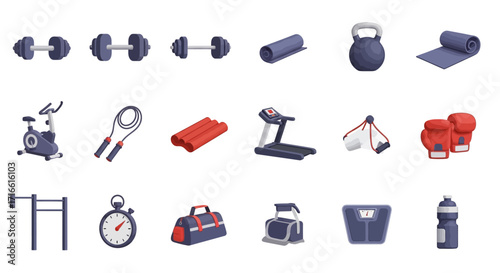 Collection of Various Fitness Equipment Icons in Cartoon Style, Isolated on White Background.