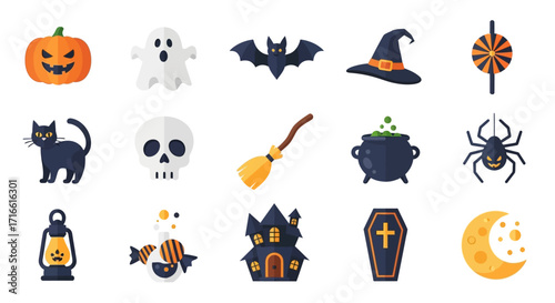 Colorful flat design icon set of classic Halloween symbols like a pumpkin, ghost, bat, and witch hat.
