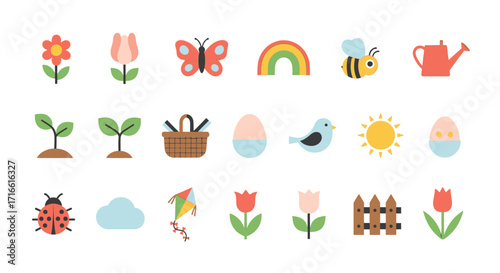 Colorful flat design spring nature icons collection with flowers, insects, and garden elements.