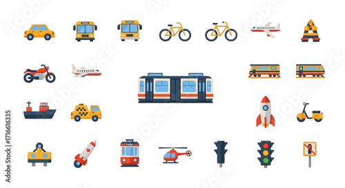 Colorful Flat Icon of a Modern Articulated Light Rail Transit Train.