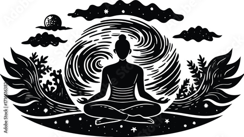 Woman's body in a peaceful lotus yoga pose, a vector illustration of a person meditating in a spiritual silhouette