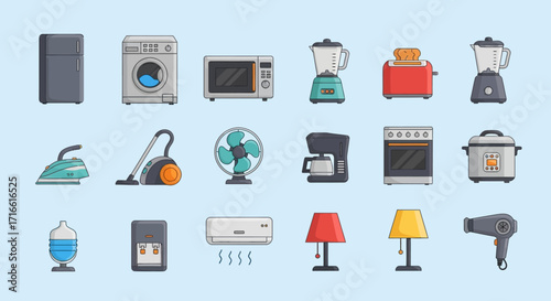 Colorful Household Appliances Collection - Modern Kitchen and Home Electronics Icons.