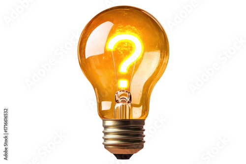 Bright illuminated lightbulb with a glowing question mark against a transparent background