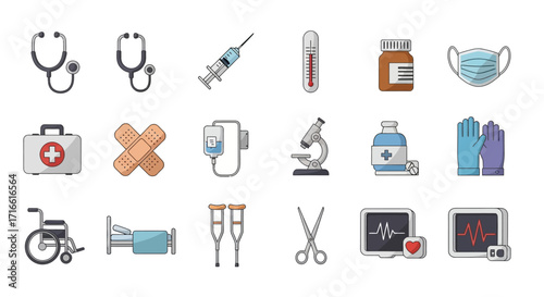 Colorful Medical Icons Set - Stethoscope, Syringe, Thermometer, and Various Healthcare Tools.
