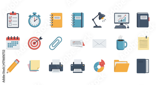 Flat Design Office Supplies and Productivity Icons Set.