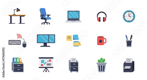 Office Icons Set - Desk, Chair, Laptop, Headphones, Clock, Monitor, Mug, and More.