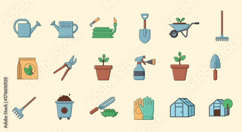 Set of Colorful Gardening Tools and Plants Icons.