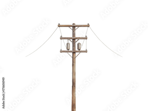 Wooden utility pole with power lines against isolated on transparent background, Clipart png