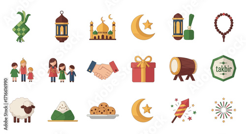 Vibrant collection of flat style Islamic icons for Eid al-Fitr, Eid al-Adha, and Ramadan celebrations, featuring cultural symbols.